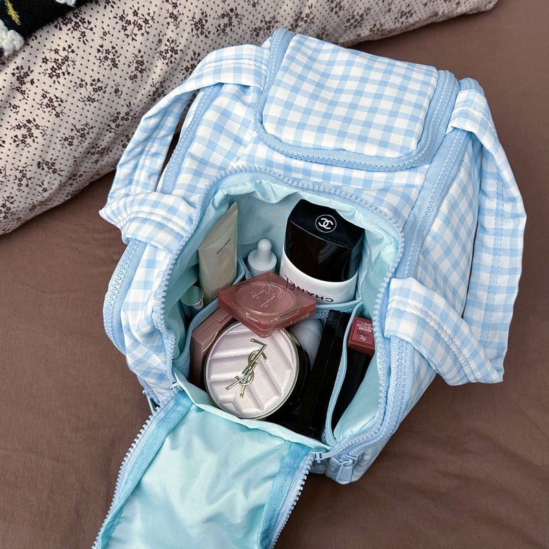 Blue Plaid Cosmetic Bag Women'S Double Wide Opening Large Capacity Travel Portable Partitioned Washing Storage Bag - Image 4